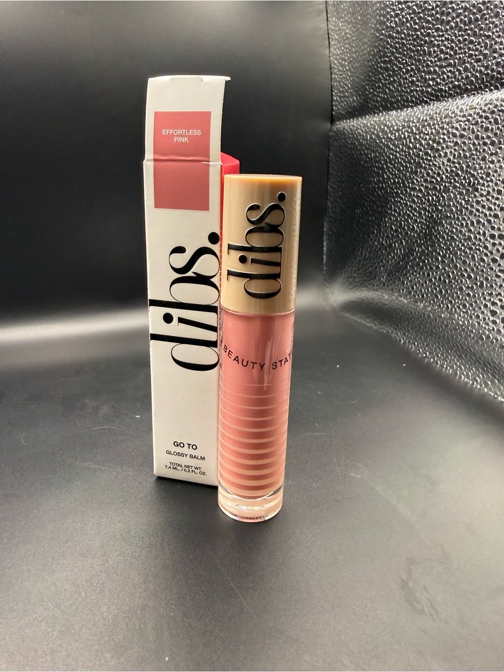 Dibs Go To Glossy Balm in Effortless Pink- pink shimmer